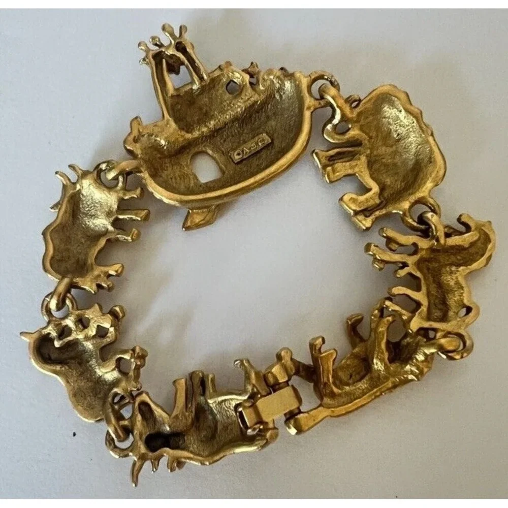 AJC Vintage Noah's Ark Bracelet Brushed Gold Animals Signed NOS 1980s Noahs 6.5